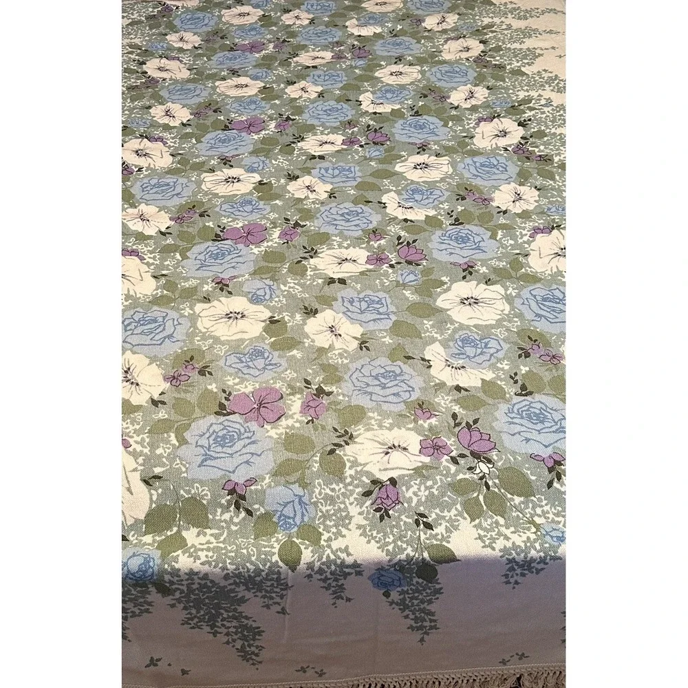 Vintage Blue Purple Floral Cottage Fringe Woven Bedspread 92